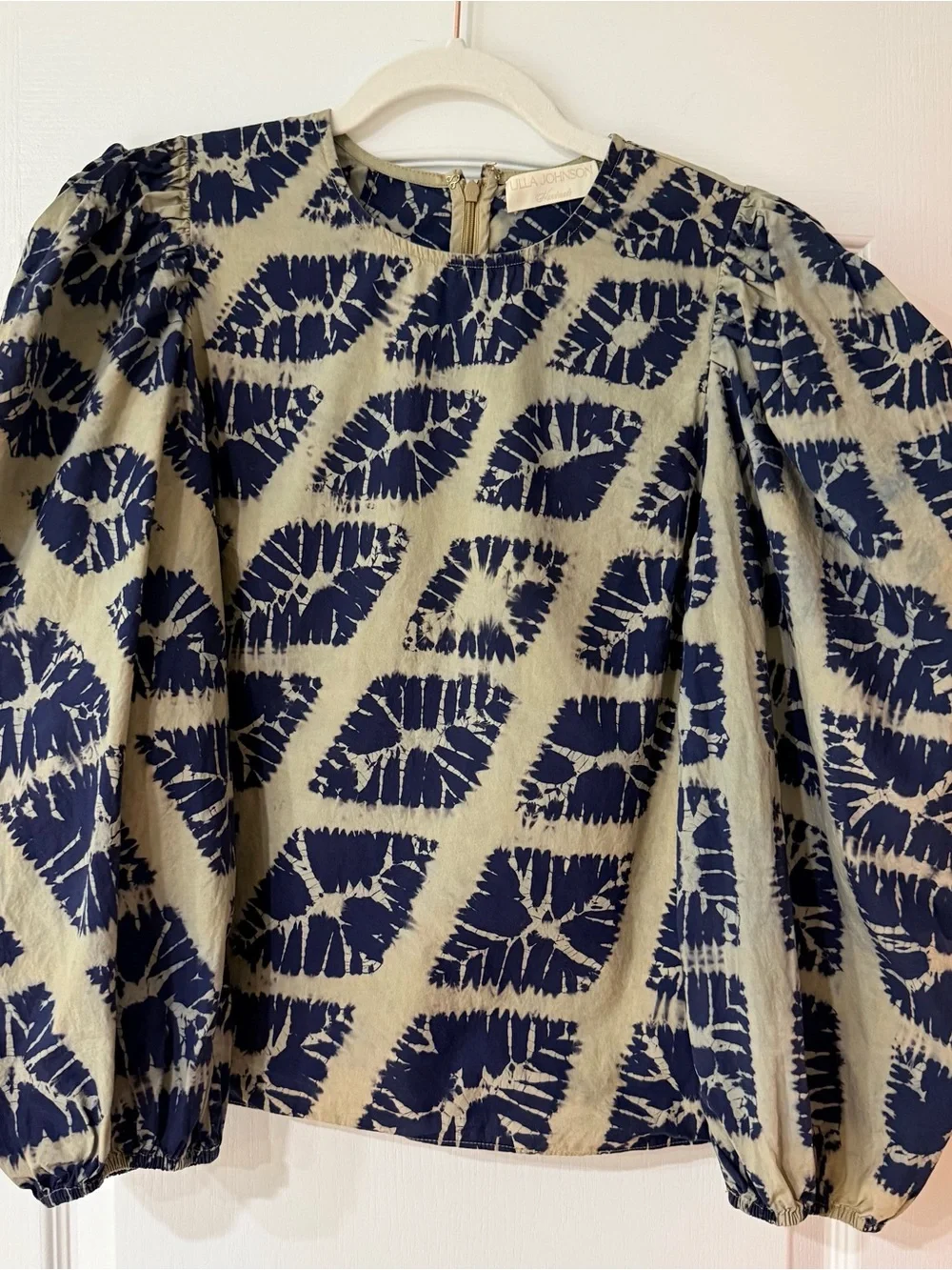 Ulla Johnson Eliza Hand-Dyed Diamond Print Puff Sleeve Cotton Blouse Size 6